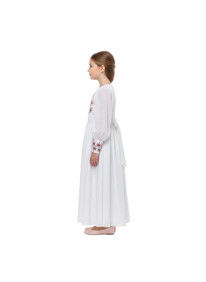 D'Daniela Mariam Embroidered White Jalabiya Abaya with Tie-Up Belt and  Sleeves -for Girl - Image 4